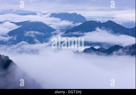 Am Abend Nebel in der Cadi Moixero Berg und Umgebung, Katalonien, Nordost-Spanien Stockfoto