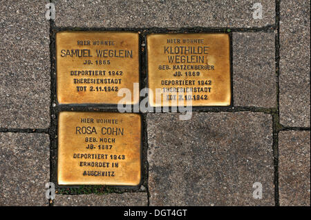Stolpersteine, Steinen Denkmal für die Deportierten und ermordeten Juden im dritten Reich, 1942-1943, Hauptstraße in Erlangen Stockfoto