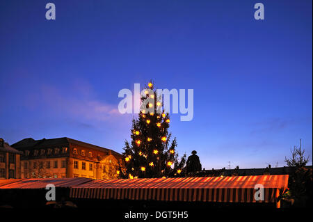 Weihnachtsbaum mit Sternen auf dem Weihnachtsmarkt auf dem Schlossplatz, in der Abenddämmerung, Erlangen, Middle Franconia, Bayern, Deutschland Stockfoto