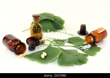 Ginkgo Blätter mit Apotheker Flasche vor weißem Hintergrund Stockfoto