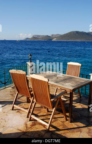 Blick in Richtung der griechischen Insel Kastelorizo oder Meis, Terrasse an der Cukurbag Halbinsel, Kas, Lykische Küste, Provinz Antalya Stockfoto