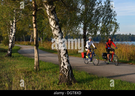 Radfahrer fahren elektrische Fahrräder entlang Bajuwaren-Radweg, Fraham, See Grabensee, Salzburger Seenland, Salzburg, Österreich Stockfoto