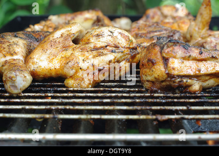 Stücke vom Huhn auf Metallgitter Stockfoto