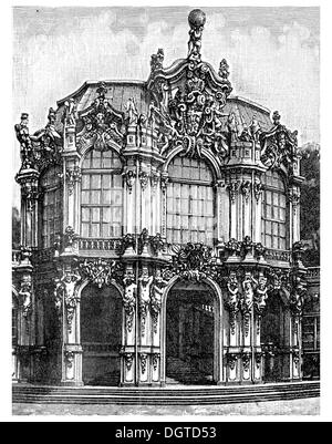 Zwinger in Dresden von D. Poeppelmann, Mittelpavillon der East Side, von 1711 bis 1722, Illustration, Meyers Stockfoto