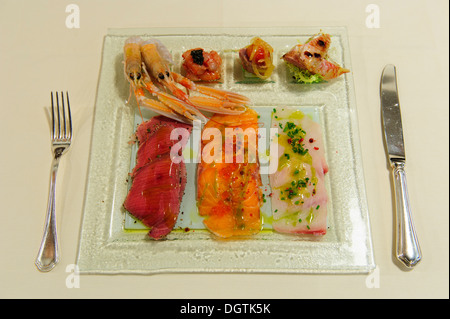 Gemischte Fisch-Carpaccio, Osteria di Santa Marina, Venedig, Italien. Stockfoto