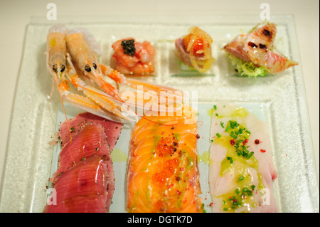 Gemischte Fisch-Carpaccio, Osteria di Santa Marina, Venedig, Italien. Stockfoto