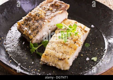 Zackenbarsch Filet in der Pfanne gebraten Stockfoto