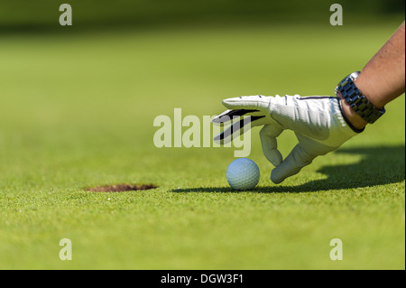 Finger schlagen den Golfball in das Loch Stockfoto