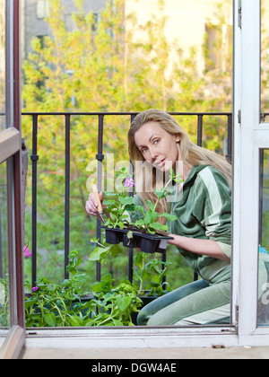 Die junge Frau landet Sämling auf einem Balkon Stockfoto