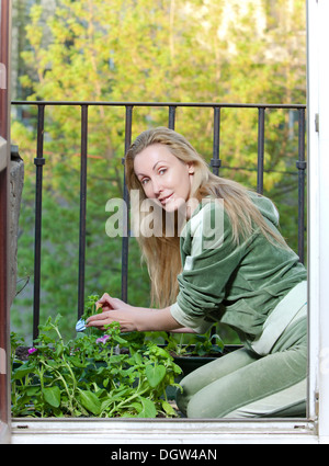 Die junge Frau landet Sämling auf einem Balkon Stockfoto