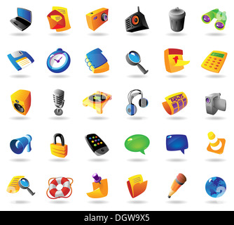 Realistische bunte Icons set für Computer und Website-Schnittstelle auf weißem Hintergrund. Stockfoto