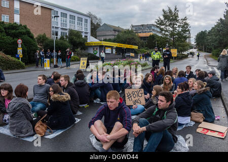Aberystwyth, Wales, UK. 26. Oktober 2013.   Mehr als hundert Walisisch sprechende Studenten inszeniert einen Sit-Down Protest am Haupteingang an der Aberystwyth University, co-Incicde mit einem der wichtigsten open Days Institutionen.   Die Studenten protestieren gegen der Universität Pläne tho enge Pantycelyn Hall des Wohnsitzes, der einzige walisische Sprache Studentenwohnheim auf dem Campus gewidmet.   Bildnachweis: Keith Morris/Alamy Live-Nachrichten Stockfoto