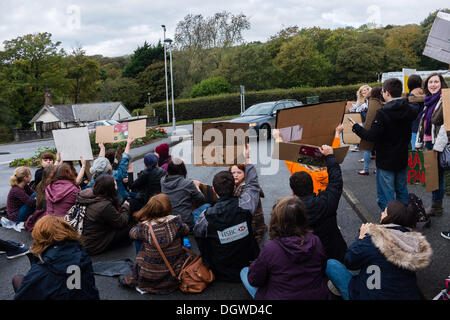 Aberystwyth, Wales, UK. 26. Oktober 2013.   Mehr als hundert Walisisch sprechende Studenten inszeniert einen Sit-Down Protest am Haupteingang an der Aberystwyth University, co-Incicde mit einem der wichtigsten open Days Institutionen.   Die Studenten protestieren gegen der Universität Pläne tho enge Pantycelyn Hall des Wohnsitzes, der einzige walisische Sprache Studentenwohnheim auf dem Campus gewidmet.   Bildnachweis: Keith Morris/Alamy Live-Nachrichten Stockfoto