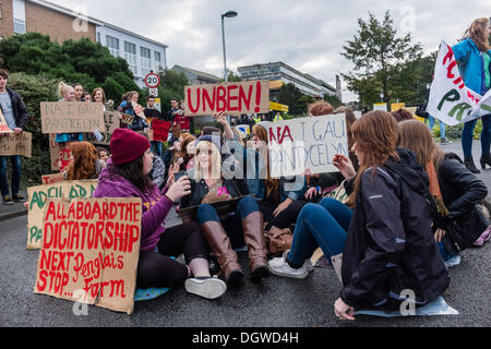 Aberystwyth, Wales, UK. 26. Oktober 2013.   Mehr als hundert Walisisch sprechende Studenten inszeniert einen Sit-Down Protest am Haupteingang an der Aberystwyth University, co-Incicde mit einem der wichtigsten open Days Institutionen.   Die Studenten protestieren gegen der Universität Pläne tho enge Pantycelyn Hall des Wohnsitzes, der einzige walisische Sprache Studentenwohnheim auf dem Campus gewidmet.   Bildnachweis: Keith Morris/Alamy Live-Nachrichten Stockfoto