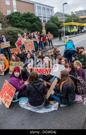 Aberystwyth, Wales, UK. 26. Oktober 2013.   Mehr als hundert Walisisch sprechende Studenten inszeniert einen Sit-Down Protest am Haupteingang an der Aberystwyth University, co-Incicde mit einem der wichtigsten open Days Institutionen.   Die Studenten protestieren gegen der Universität Pläne tho enge Pantycelyn Hall des Wohnsitzes, der einzige walisische Sprache Studentenwohnheim auf dem Campus gewidmet.   Bildnachweis: Keith Morris/Alamy Live-Nachrichten Stockfoto