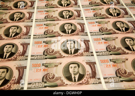 Nordkoreanische Banknoten, 5000 gewann jeweils mit dem Porträt von Kim Il-Sung Stockfoto