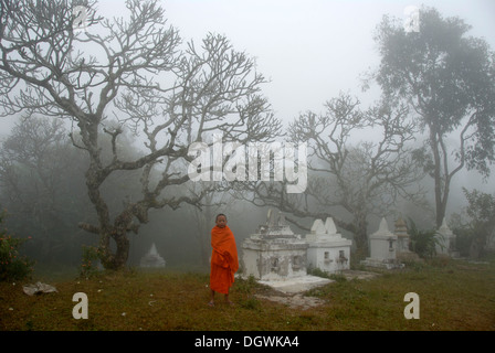 Buddhismus und Vorfahren anbeten, unheimliches Niederlassungen in Nebel über Gräbern, junge Novizin mit orangefarbenen Robe, Wat Kaew Phongsali Provinz Stockfoto