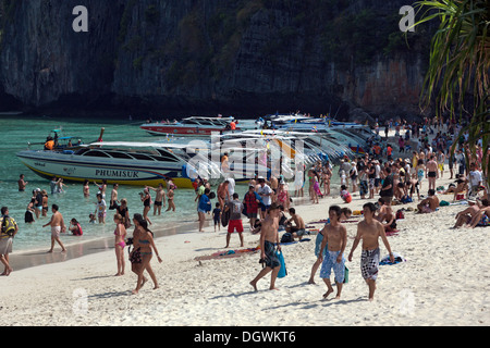 Schnellboote und Massentourismus am Sandstrand von Maya Beach, Ko Phi Phi Island, Phuket, Thailand, Asien Stockfoto