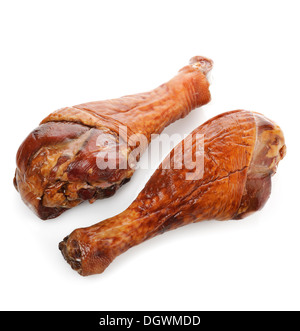 Geräucherte Türkei Beine auf weißem Hintergrund Stockfoto