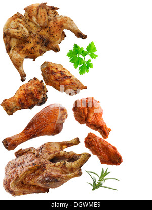 Gegrilltes Hähnchen, Ente und Putenfleisch, Isolated On White Stockfoto