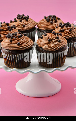 Gourmet-Schokolade Cupcakes mit Schokoladenglasur chiffon und Schokokugeln auf weißen Kuchen stehen mit einem tief rosa Hintergrund Stockfoto