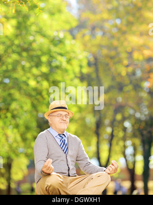 Ältere Gentleman Meditation sitzen auf einer grünen Wiese in einem park Stockfoto