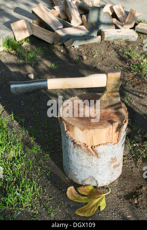 AX Holzhacken auf Hackklotz. Herbst Blätter Stockfoto