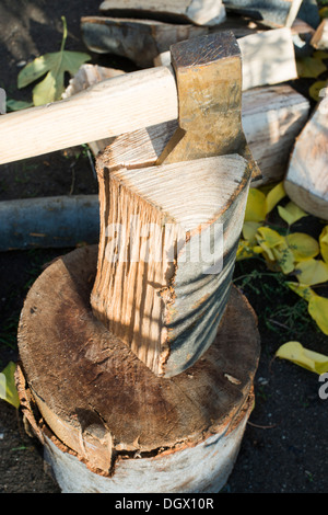 AX Holzhacken auf Hackklotz. Herbst Blätter Stockfoto