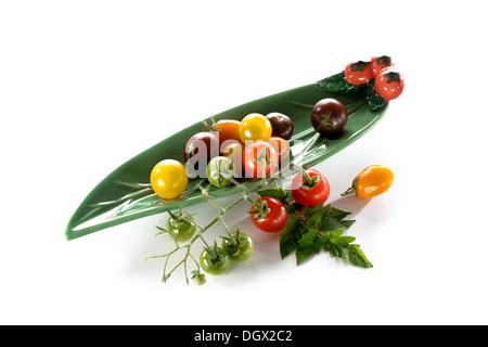 Wilde Tomaten in eine längliche Schüssel blattförmigen Stockfoto