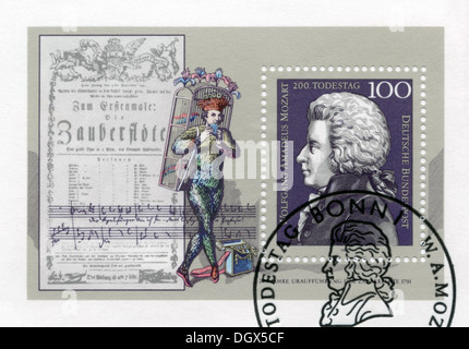 Deutschland-Porto-Briefmarke mit Wolfgang Amadeus Mozart, österreichischer Komponist Stockfoto