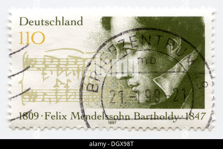 Deutschland-Porto-Briefmarke mit Felix Mendelssohn-Bartholdy, deutscher Komponist Stockfoto