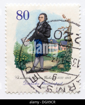 Deutschland-Porto-Briefmarke mit Christoph Martin Wieland, deutscher Dichter und Dramatiker, bekannt für seine Oberon und andere Romanzen Stockfoto