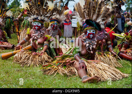 Frauen in bunt dekoriert Kostüme mit Bemalung in den traditionellen Sing-Sing sammeln, Hochland, Mount Hagen Stockfoto