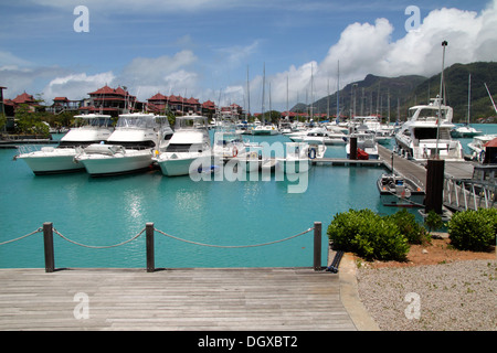 Blaue grüne Meer am Hafen von Praslin in den Seychellen Stockfoto