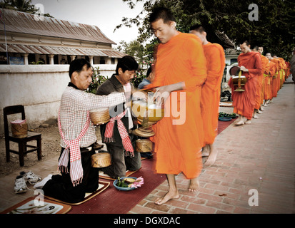 Buddhistische Mönche betteln um Almosen in Luang Prabang, Laos, Südostasien, Asien Stockfoto