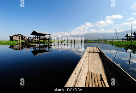 Steg am Inle-See von einem Boot, Burma, Myanmar, Südostasien, Asien Stockfoto