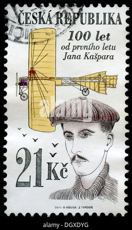 Tschechische Republik-Briefmarke zeigt Jan Kašpar, tschechischer Flieger, Flugzeugbauer, Designer und Ingenieur Stockfoto