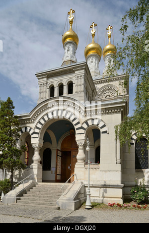 Vergoldeten Zwiebeltürme der russisch-orthodoxen Kirche, Genf, Schweiz, Europa Stockfoto