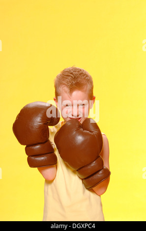 Junge, 6, tragen übergroße Boxhandschuhe Stockfoto