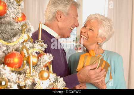 Älteres Paar mit Gegenwart neben einem Weihnachtsbaum Stockfoto