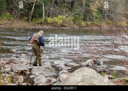 Ältere Fliegenfischer nimmt seinen Weg entlang der felsigen Küste des Housatonic River im Litchfield County, Connecticut. Stockfoto