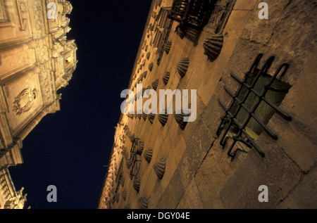 Calle Compañía bei Nacht, Salamanca. Iglesia De La Clerencia y Casa de las Conchas Stockfoto