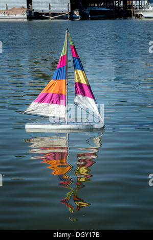 Modell eines Segelbootes Schaluppe mit mehrfarbig gestreiften Segel schwimmend auf See Dora im Hafen von Mount Dora, Florida. Stockfoto