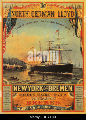 New York nach Bremen Schiff Linie - ein Oldtimer Reise Poster