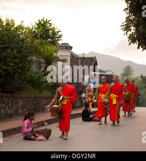 Ein buddhistischer Mönch gibt ein armes Mädchen essen während der täglichen Morgen-Zeremonie von Almosen zu Mönchen in Luang Prabang, Laos. Stockfoto