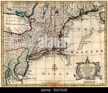 Eine neue, genaue Karte der Pensilvania, New York, New Jersey und New England mit den angrenzenden Ländern. 1752 Stockfoto