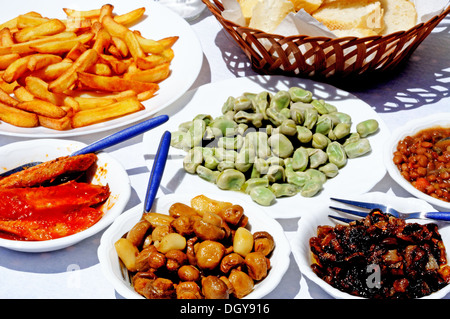 Spanische Tapas Auswahl an Pilzen, Makrelen Filets, Dicke Bohnen, gebratene Zwiebel, Chips und Linsen, Andalusien, Spanien. Stockfoto