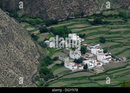 Blick auf die tibetische Architektur eines kleinen Dorfes, Häuser in einer steilen Schlucht mit terrassenförmig angelegten Felder für den Anbau, Xiang Cheng Stockfoto