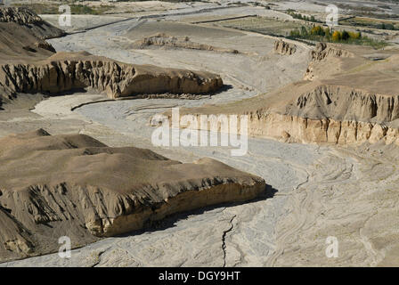 Blick über die Schlucht des Flusses Sutlej im alten Königreich Guge, in der Nähe des Himalaya-Hauptkamms vor der Ruine des Stockfoto