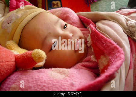 Junge Baby, Monaten, kleines Mädchen, warm eingepackt in dicke decken, Manasarovar See, Westtibet, Provinz Ngari, Tibet Stockfoto